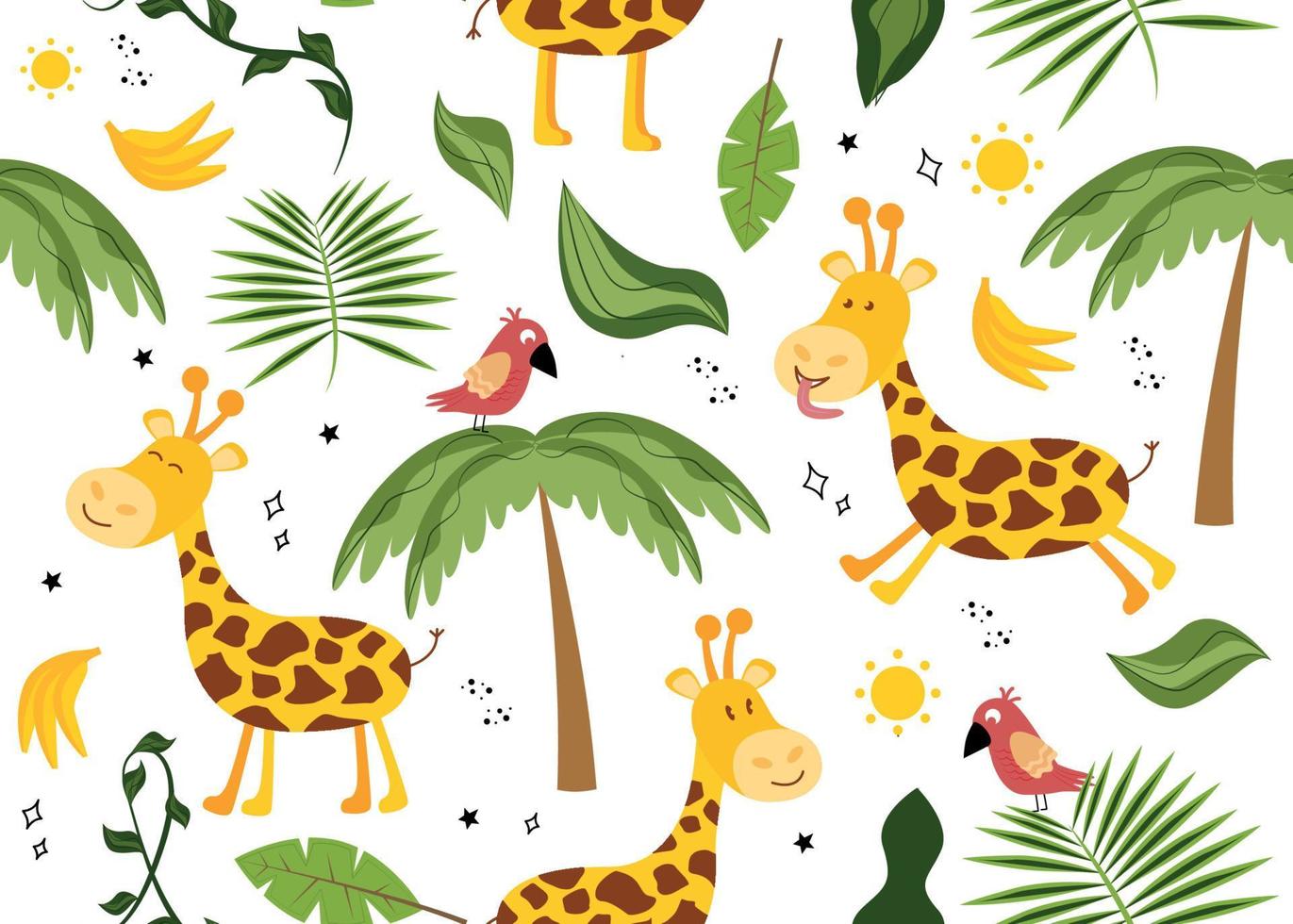 nahtlos Muster mit ein Giraffe. Vektor Illustration mit Tier Giraffe, Palme Baum, Sonne, Bananen