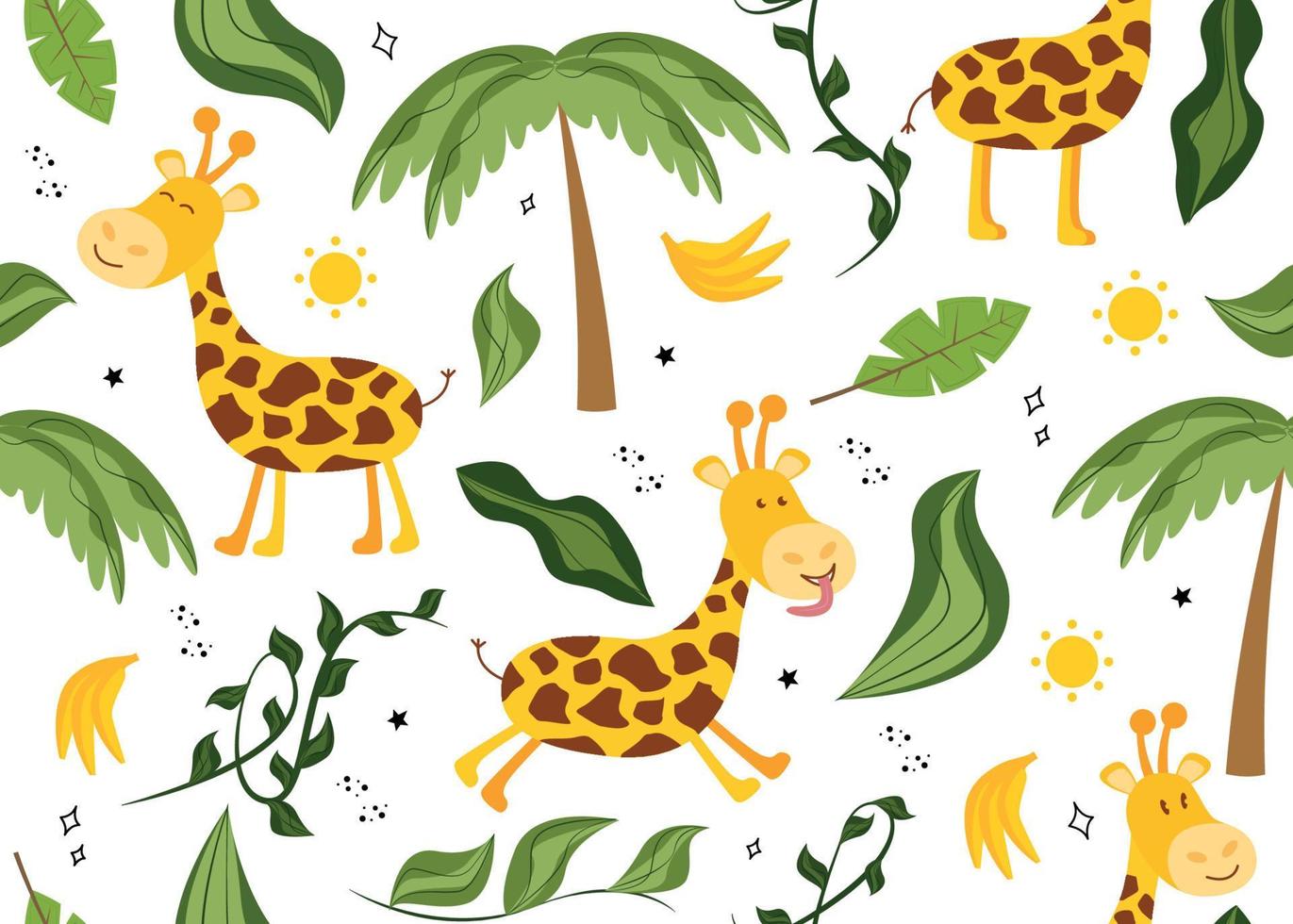 nahtlos Muster mit ein Giraffe. Vektor Illustration mit Tier Giraffe, Palme Baum, Sonne, Bananen