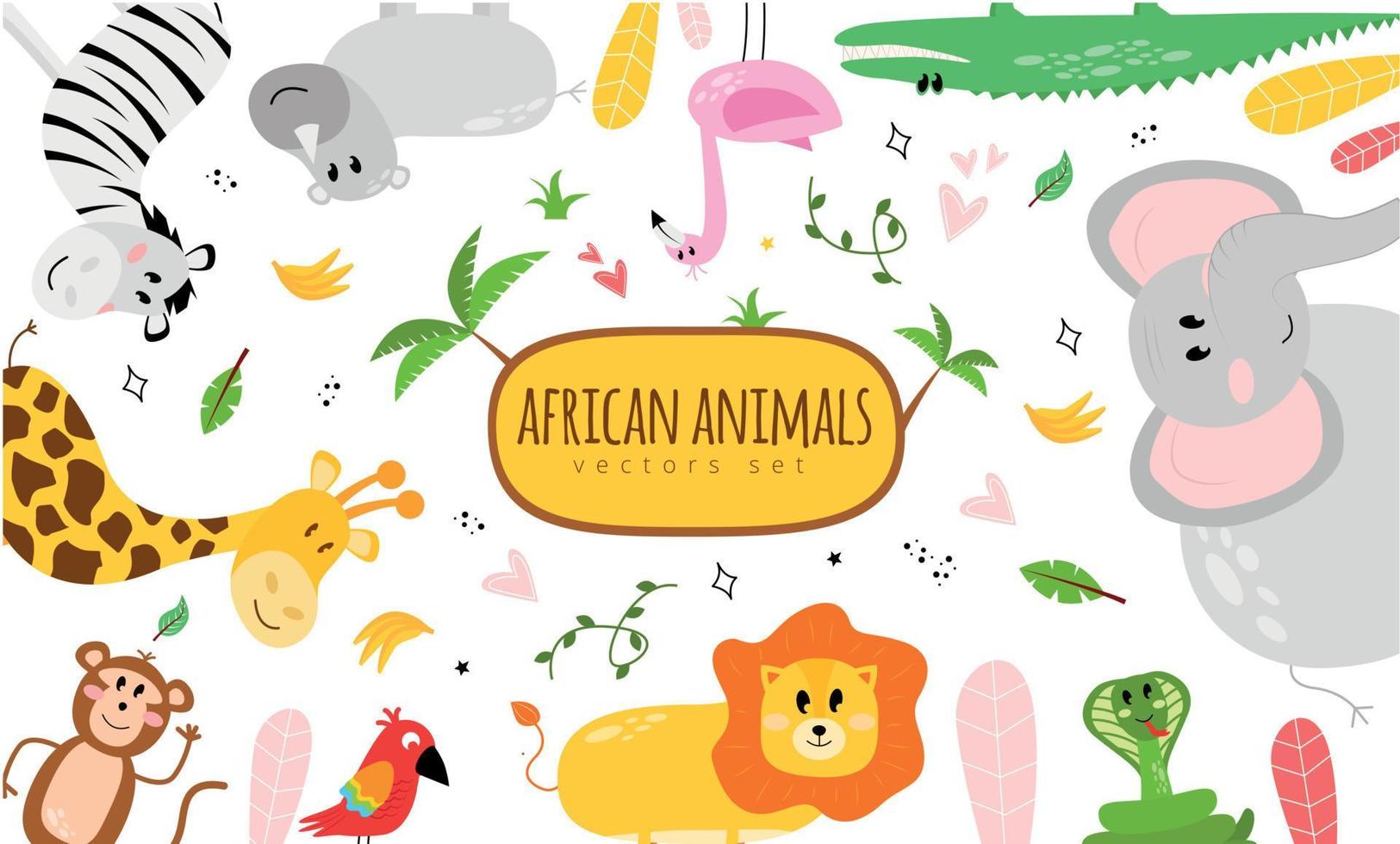 Illustration mit Tiere und das Inschrift afrikanisch Tiere Vektor Satz. Illustration mit ein Zebra, Nashorn, Flamingo, Krokodil, Elefant, Schlange, Löwe, Papagei, Affe, Giraffe.