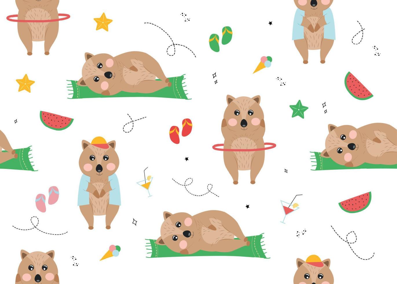 sömlös mönster med quokka. vektor illustration med djur- quokka, is grädde, vattenmelon, cocktail, tofflor, stjärna, klotter