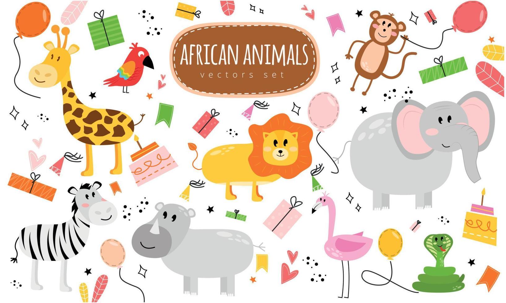 Illustration mit Tiere Beschriftung afrikanisch Tiere Vektor Satz, Urlaub Elemente. Illustration mit Tiere und das Inschrift afrikanisch Tiere Vektor Satz.