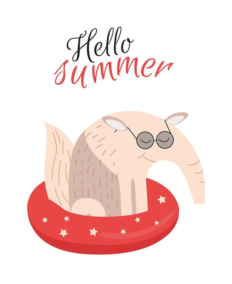 Illustration von ein Tier Ameisenbär mit ein Schwimmen Ring und das Inschrift Hallo Sommer. drucken Ameisenbär im Brille mit ein Schwimmen Kreis und das Text Hallo Sommer- vektor