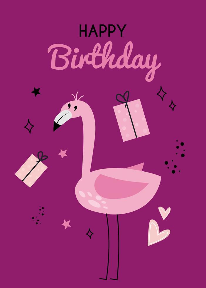Illustration mit Flamingo und das Inschrift glücklich Geburtstag auf ein Rosa Hintergrund. Gruß Karte mit Flamingo, Geschenk Box und das Inschrift. glücklich Geburtstag Gruß Karte mit Flamingos und Geschenke vektor