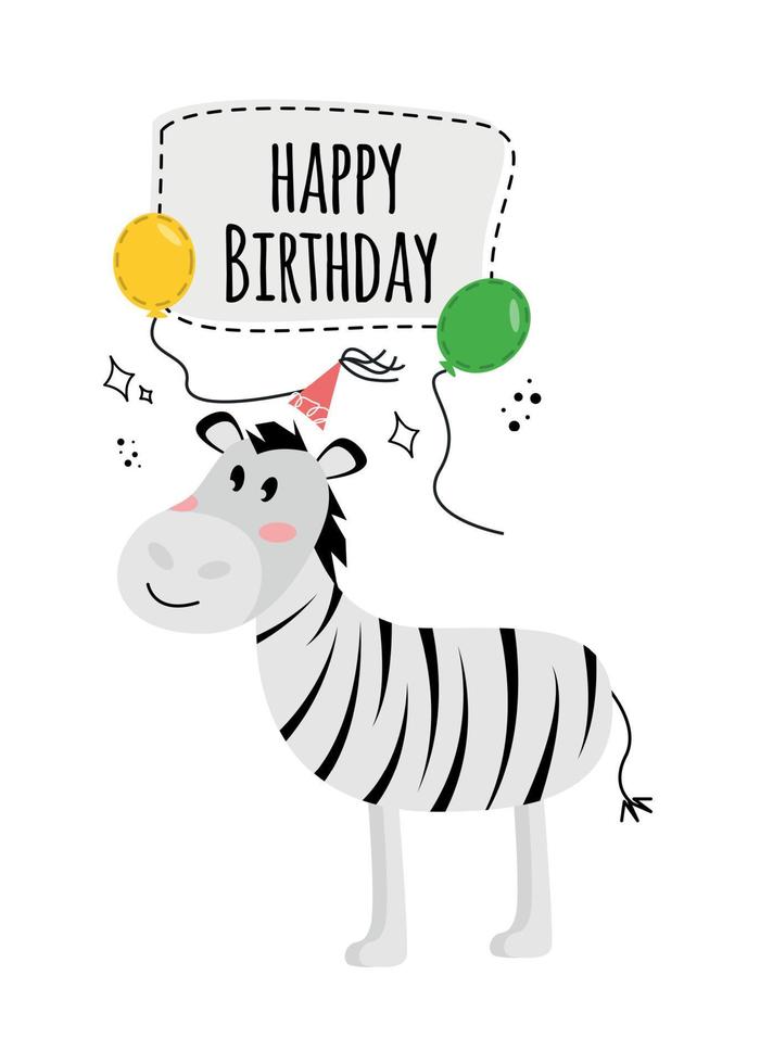 illustration med en zebra och de inskrift Lycklig födelsedag. Lycklig födelsedag hälsning kort med zebra och ballonger. vektor