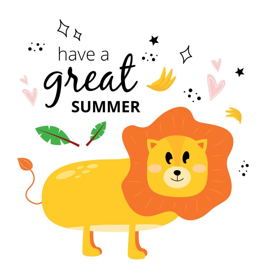 illustration med en lejon, handflatan blad, bananer och de inskrift Bra sommar. hälsning kort ha en bra sommar med en lejon. vykort med en lejon Valp ha en Bra sommar. vektor