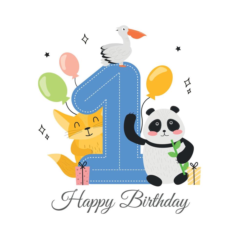 Vektor Illustration glücklich Geburtstag Karte mit Nummer eins, Tier Französisch, Panda, Pelikan, Geschenke und Luftballons. glücklich Geburtstag Gruß Karte mit Einheit, Französisch, Panda, Pelikan Vogel, Luftballons, Geschenk Boxen.