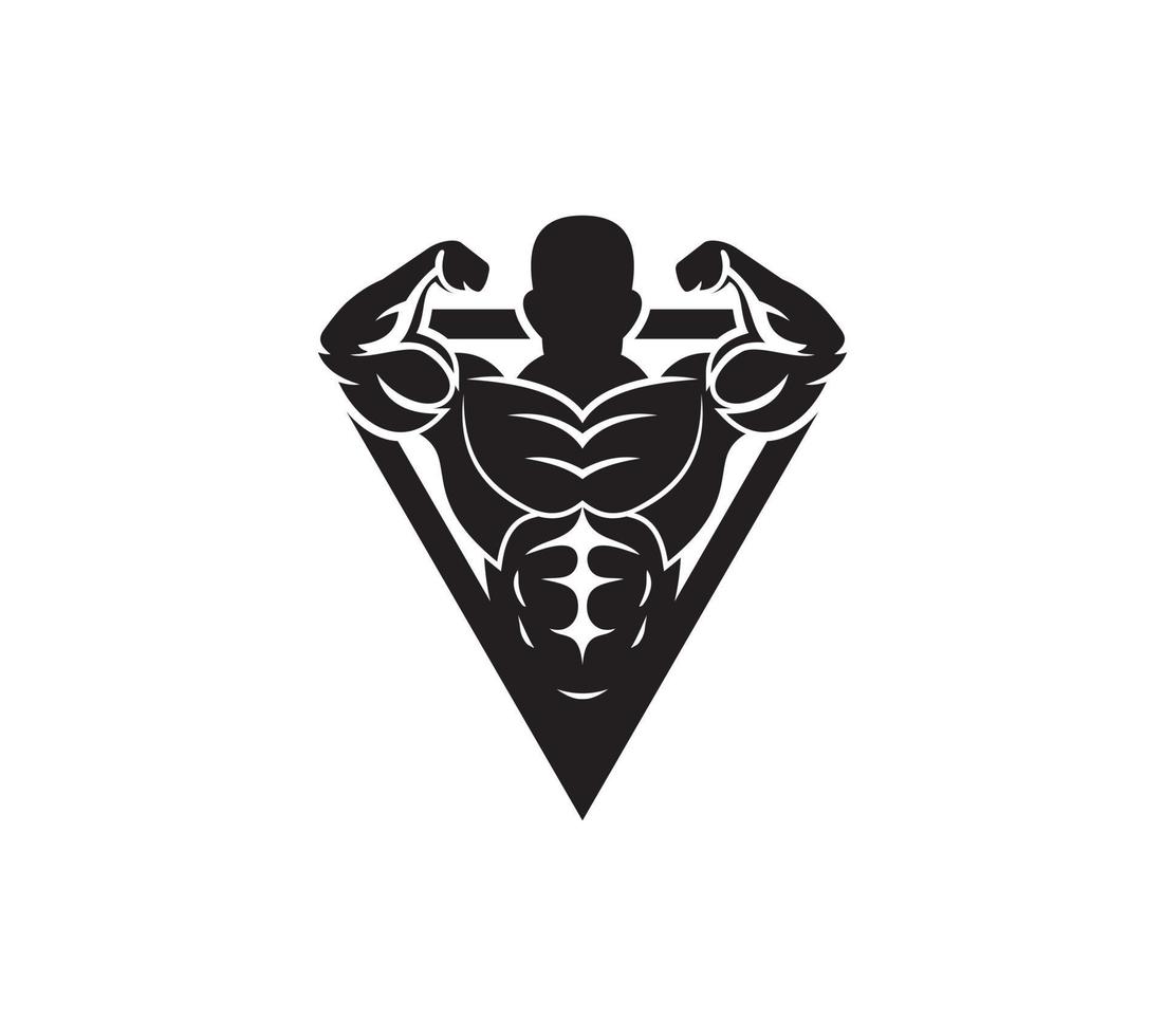 Bodybuilder männlich Logo Design mit Fitness Fitnessstudio auf Weiß Hintergrund, Vektor Illustration.