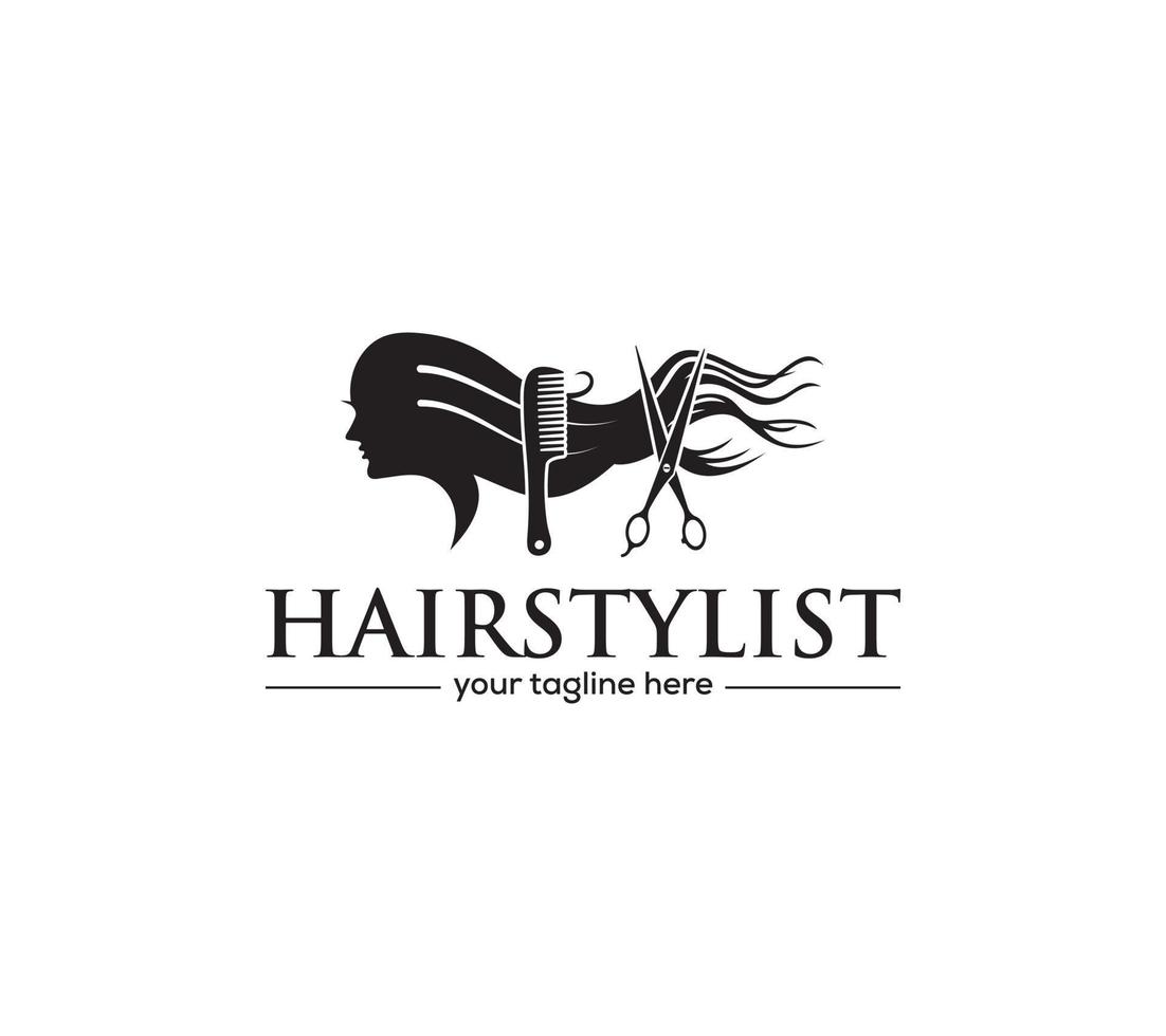 Friseur Logo ist Salon Mädchen, Haar Stil, Haar schneiden, Haar Kommode. Schönheit, auf Weiß Hintergrund, Vektor Illustration.