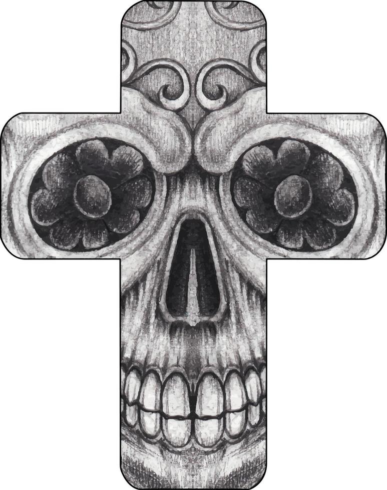 Kunst ausgefallenes Totenkopfkreuz. handzeichnung und grafikvektor machen. vektor