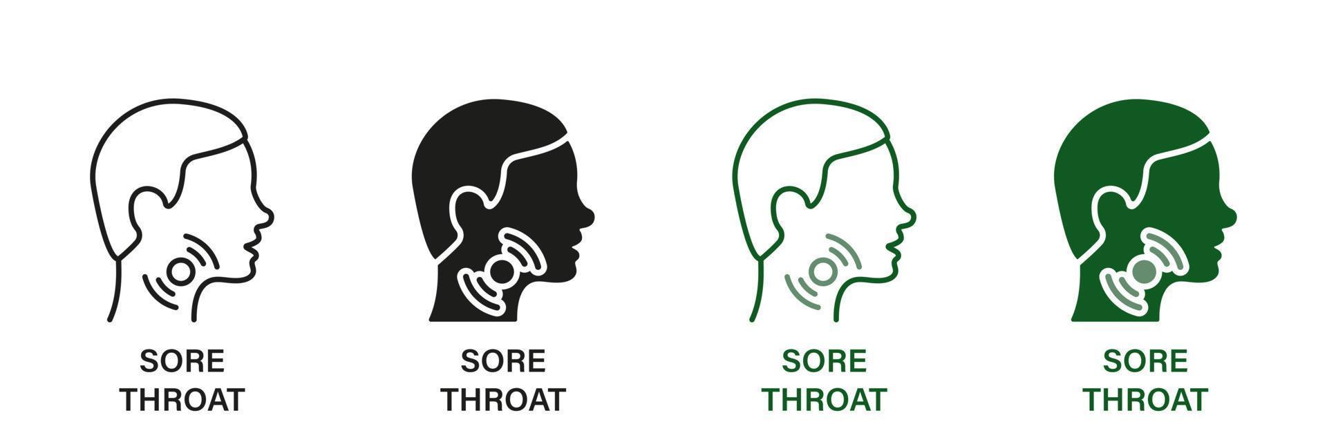 smärtsam öm hals symbol samling. öm hals linje och silhuett ikon uppsättning. manlig huvud med symptom av angina, influensa, kall piktogram. isolerat vektor illustration.