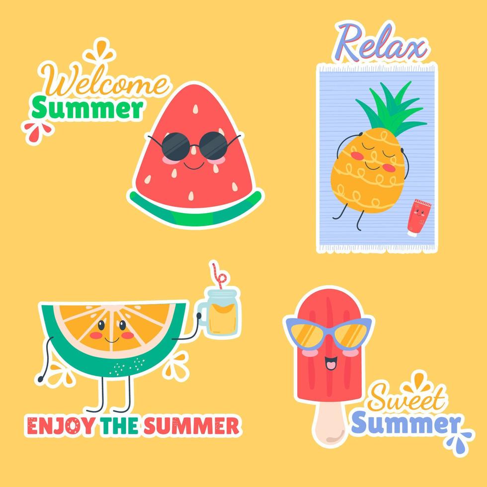 tecknad serie klistermärken sommar söt klotter söt is grädde, vattenmelon, ananas, kalk. vektor