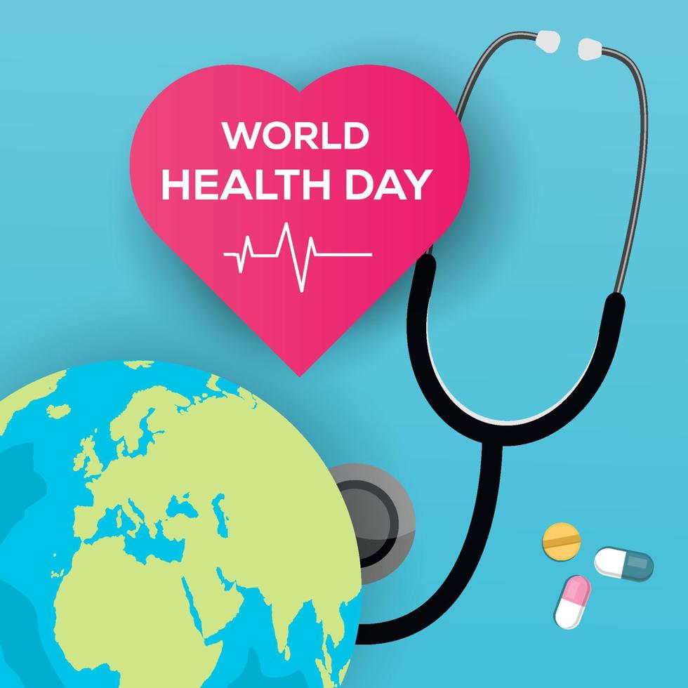 oben Aussicht Welt Gesundheit Tag Illustration mit Erde, Pillen, und Stethoskop vektor
