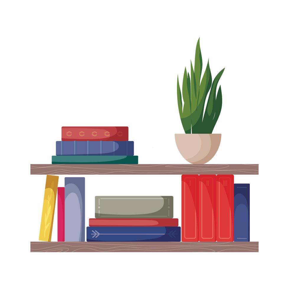 bokhylla med böcker och inlagd växt. bokhandel, bokhandel, bok älskare begrepp. isolerat vektor illustration.
