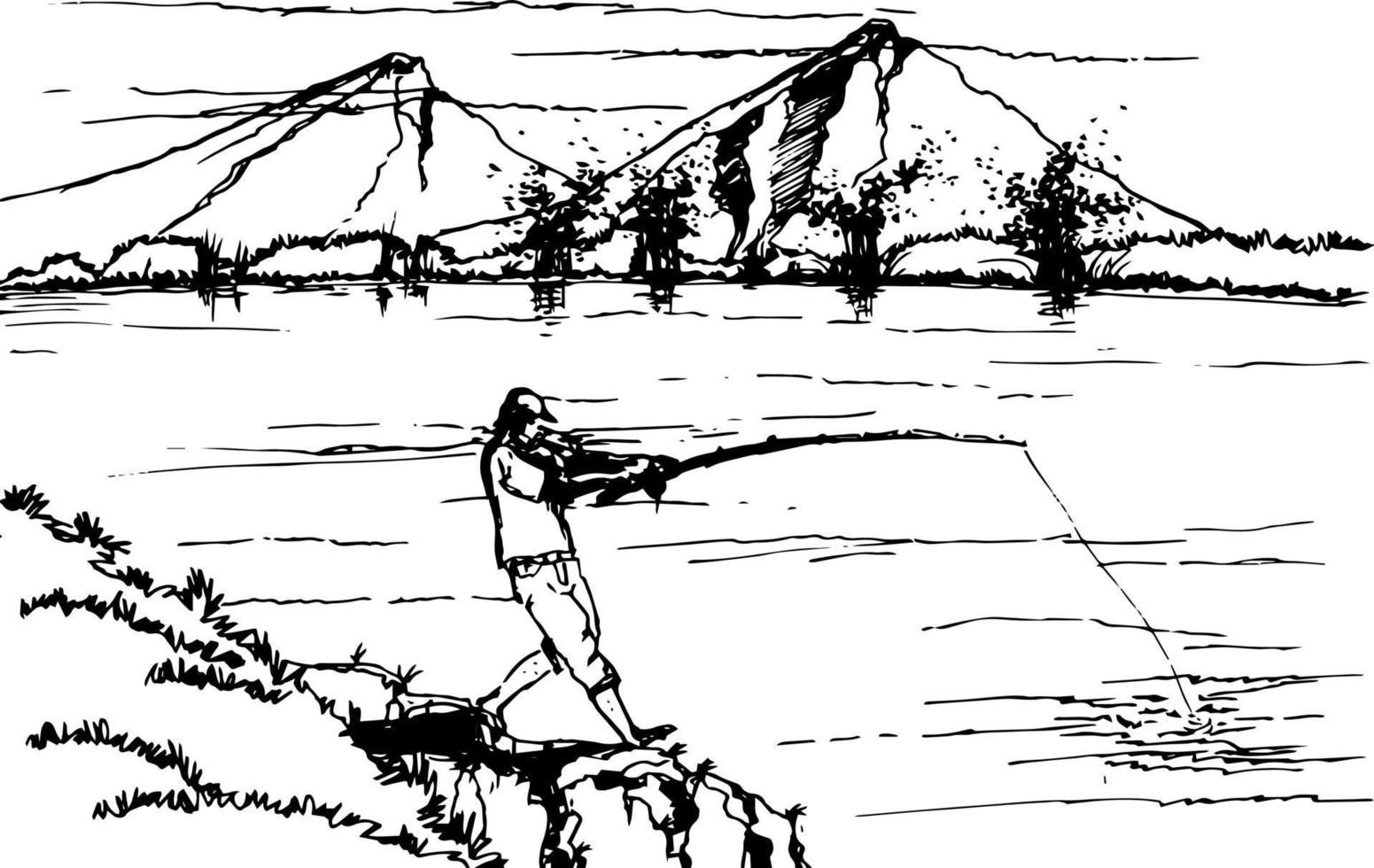 hand dragen vektor natur illustration med en fiske man på de sjö