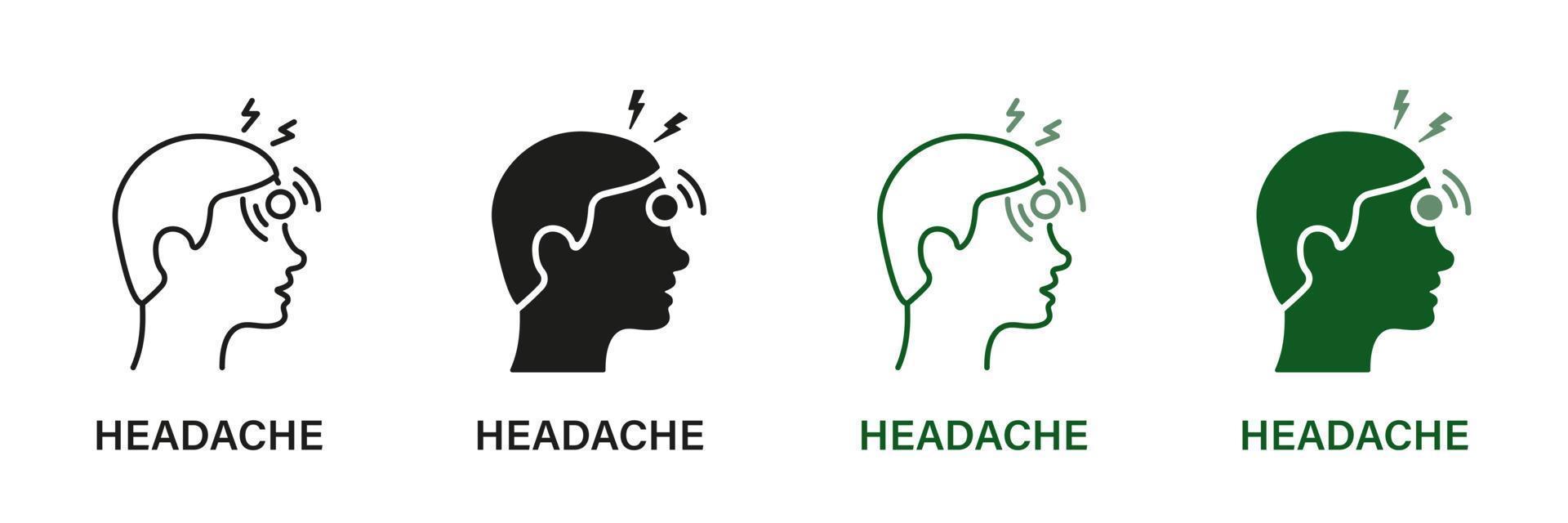 Kopf Krankheit, ermüden Symbol Sammlung. Kopfschmerzen Linie und Silhouette Symbol Satz. Migräne, Gesundheit Probleme, Schmerz, betonen, müde und Ausbrennen. Symptome von Virus Krankheit, Grippe, kalt. Vektor Illustration.