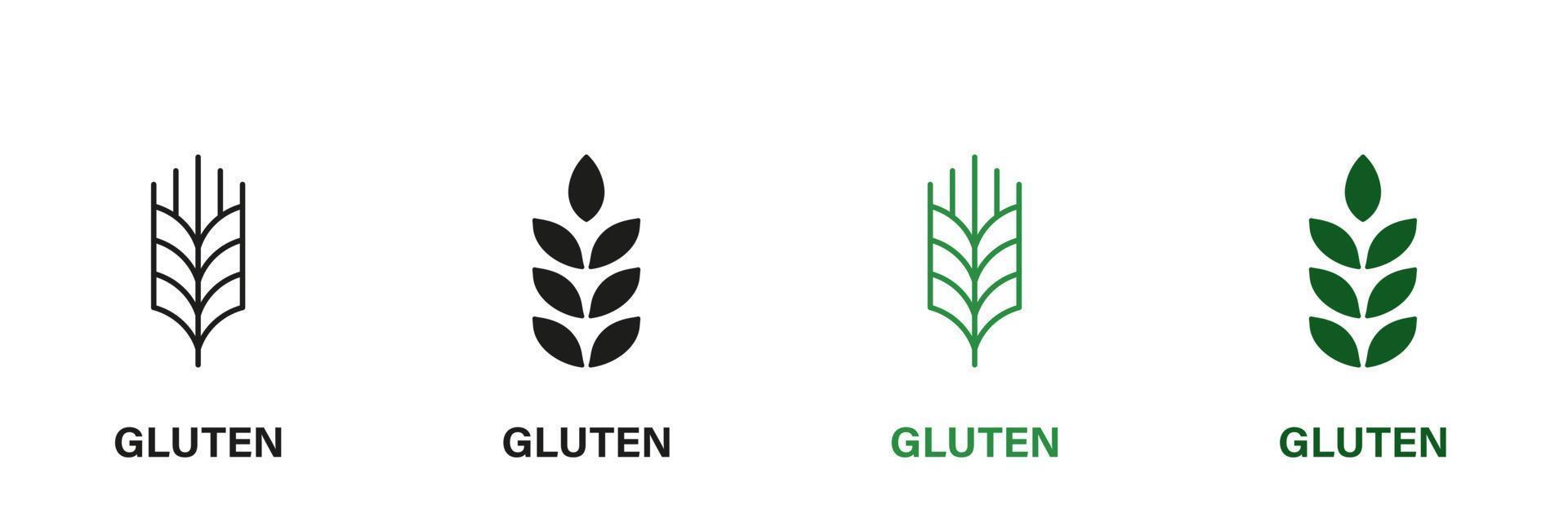 gluten Ingredienser linje och silhuett ikon uppsättning. vete allergi produkt grön och svart piktogram. organisk flingor utsäde symbol samling på vit bakgrund. isolerat vektor illustration.