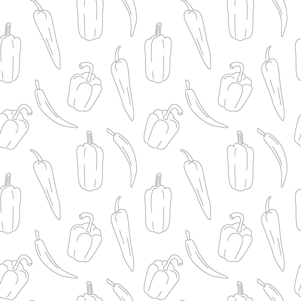 annorlunda paprikor mönster linje konst. färsk grönsaker i tecknad serie stil. sömlös mönster isolerat på vit bakgrund. hand dragen klotter vektor illustration.