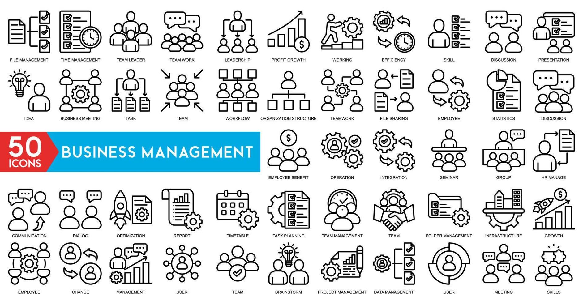 Geschäft Verwaltung Gliederung Symbol Sammlung. dünn Linie einstellen enthält eine solche Symbole wie Datei Management, Zeit Management, Diskussion, Fähigkeit, Mensch Ressource, Erfahrung und mehr. einfach Netz Symbole einstellen vektor