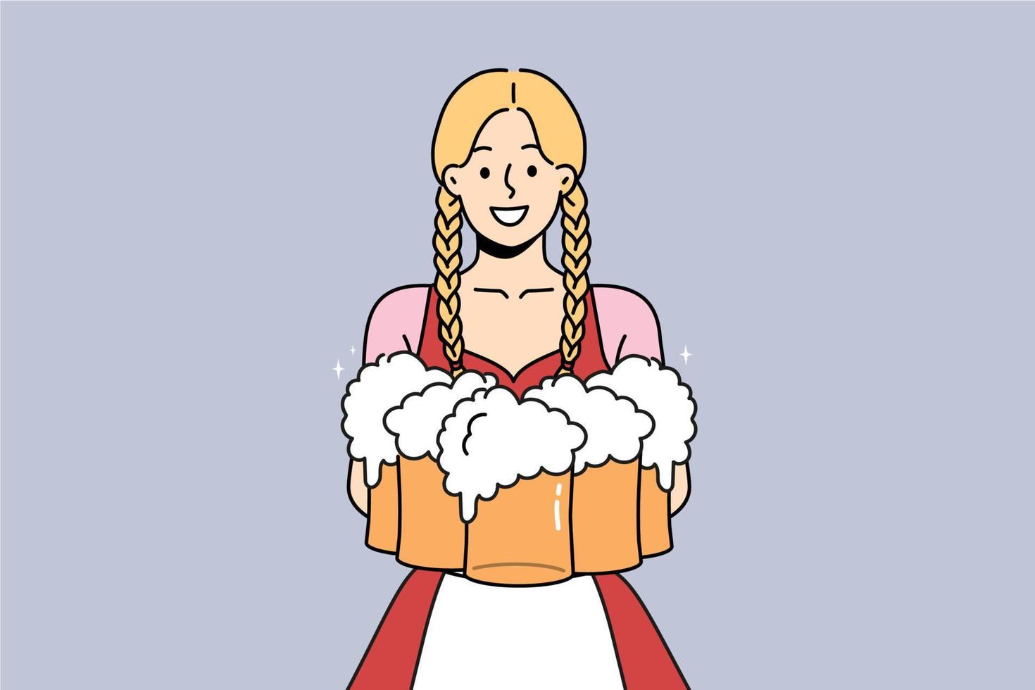 lächelnd Frau im traditionell Kostüm halten Brille von Biere. Kellnerin Portion Getränke von Deutsche Festival. Oktoberfest Fall. Vektor Illustration.
