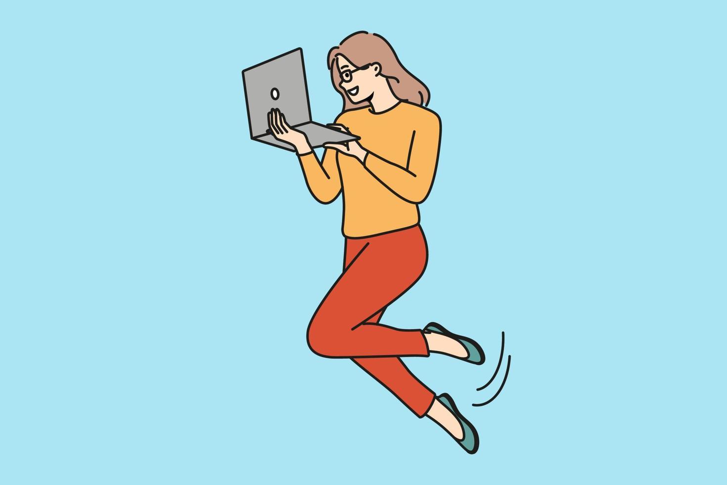 Geschäftsfrau schweben im Luft Arbeit auf Computer. lächelnd Frau Mitarbeiter schweben beschäftigt mit Laptop Arbeit. freiberuflich und Beschäftigung Freiheit. Vektor Illustration.