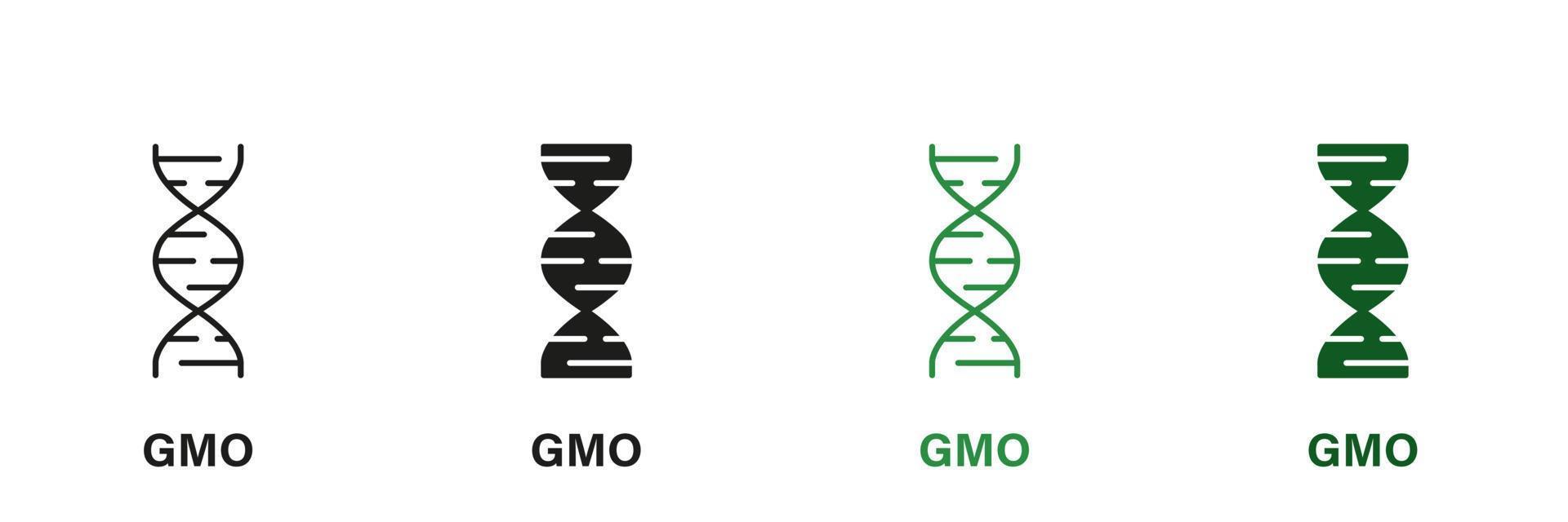 gmo silhuett och linje ikon Färg uppsättning. genetiskt ändrad symbol. endast eco naturlig organisk produkt. gmo svart och grön tecken. naturlig friska mat begrepp. isolerat vektor illustration.