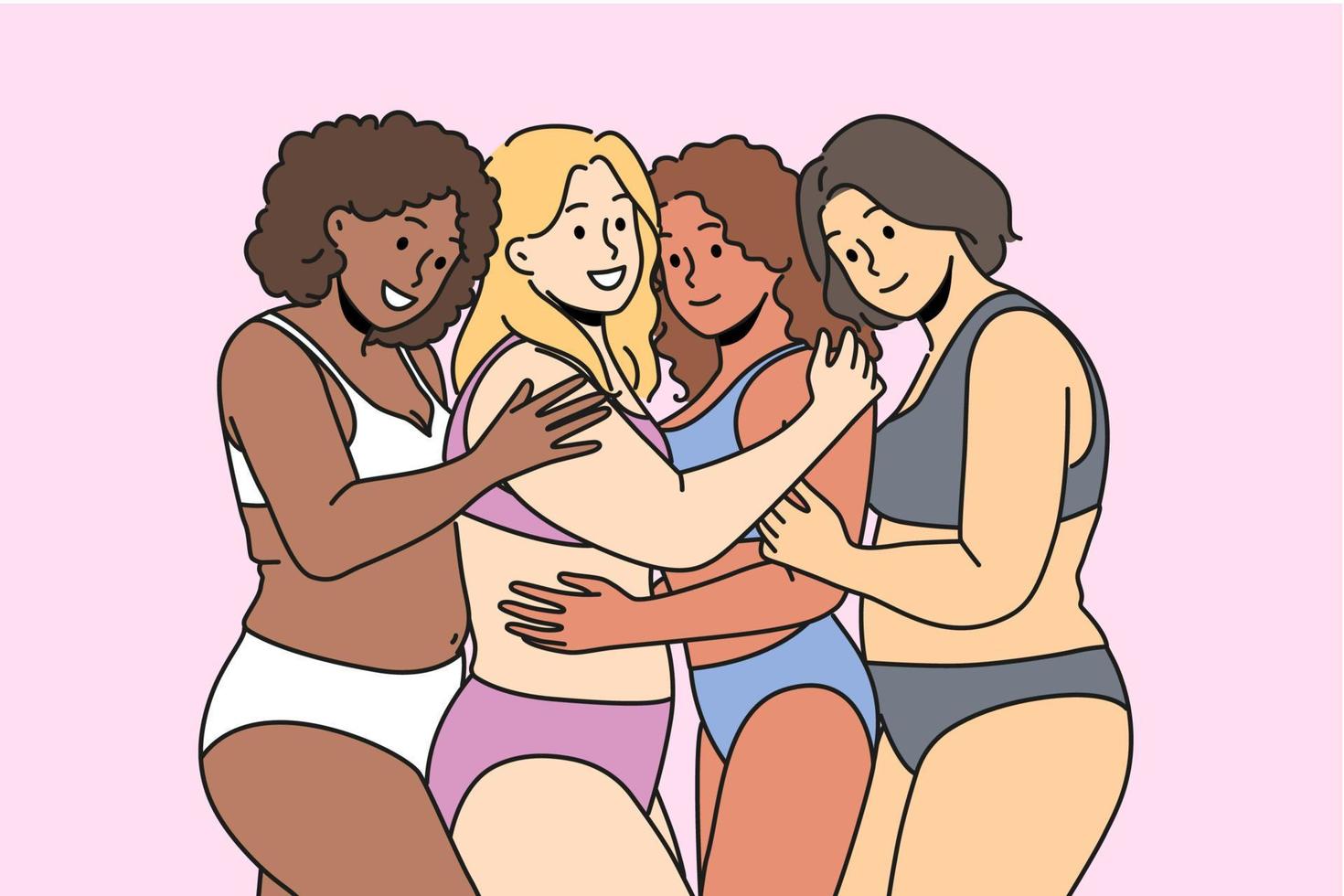 lächelnd Körper positiv interracial Frauen im Unterwäsche posieren zusammen umarmen. glücklich multiethnisch Frauen von anders Größen umarmen. Körper Positivität. Vektor Illustration.