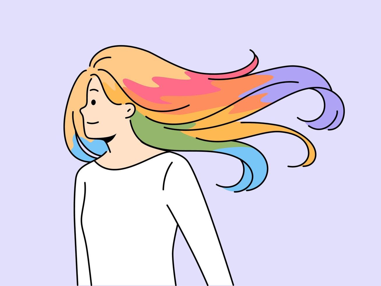 leende kvinna med färgrik färgade hår. Lycklig kvinna med kreativ frisyr och hårfärg. skönhet och kosmetika. vektor illustration.