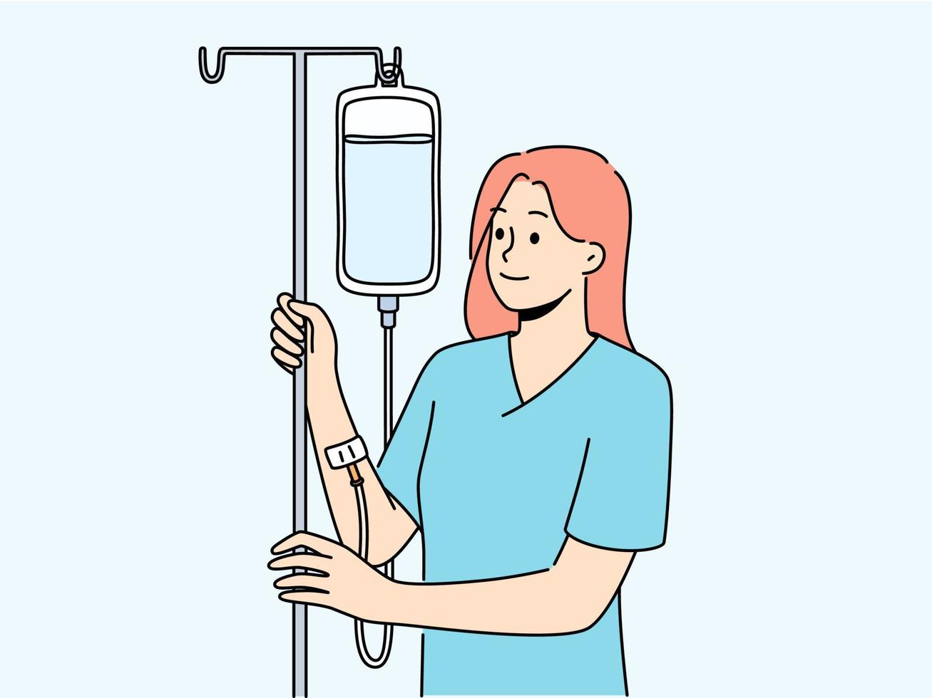 Lycklig kvinna med intravenös salin droppa i sjukhus. leende kvinna patient motta medicin och behandling i klinik. sjukvård. vektor illustration.