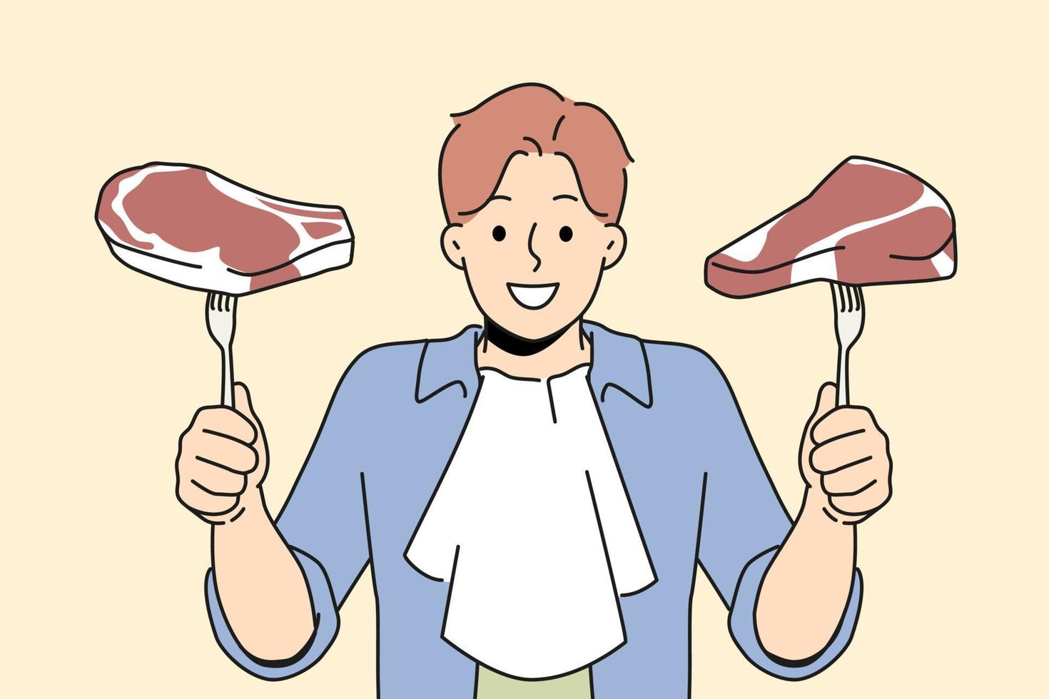 lächelnd Mann halten Steaks auf Gabeln im Hände. glücklich männlich bereit zu Essen frisch Fleisch aufgeregt Über köstlich Abendessen. Ernährung und Diät Konzept. Vektor Illustration.