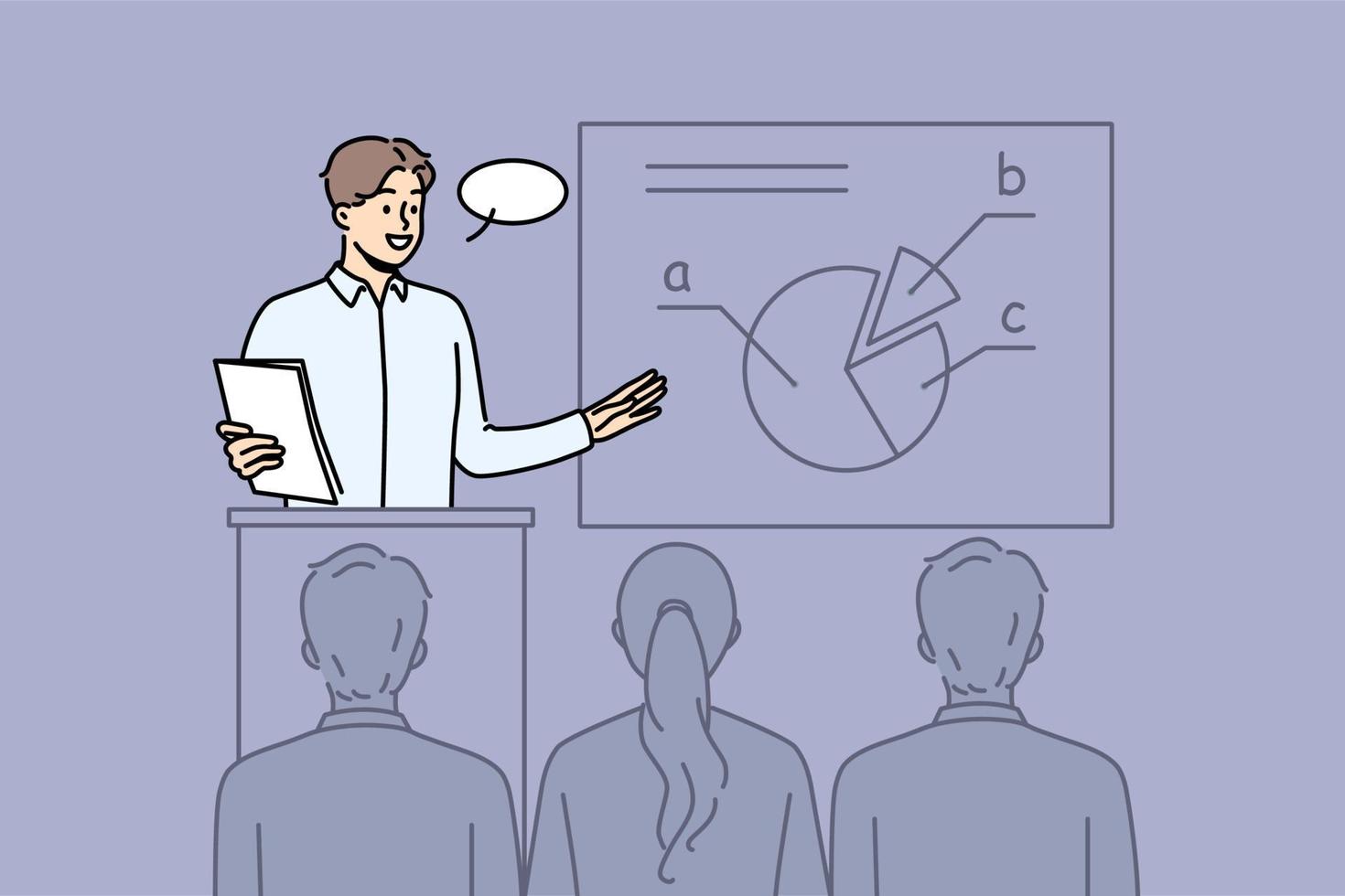 zuversichtlich männlich Trainer machen Geschäft Präsentation zum Publikum beim Konferenz. lächelnd Geschäftsmann Geschenk Diagramm oder Graph beim Seminar. Vektor Illustration.