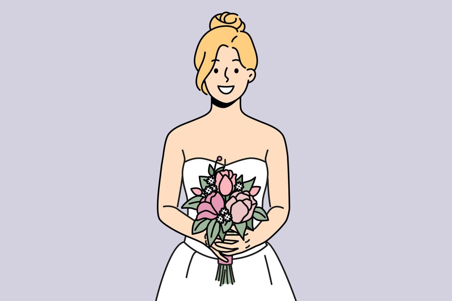 lächelnd Frau im Hochzeit Kleid halten Blumen Vor Ehe Zeremonie. glücklich Braut im Kleid mit Strauß genießen Feier. Vektor Illustration.