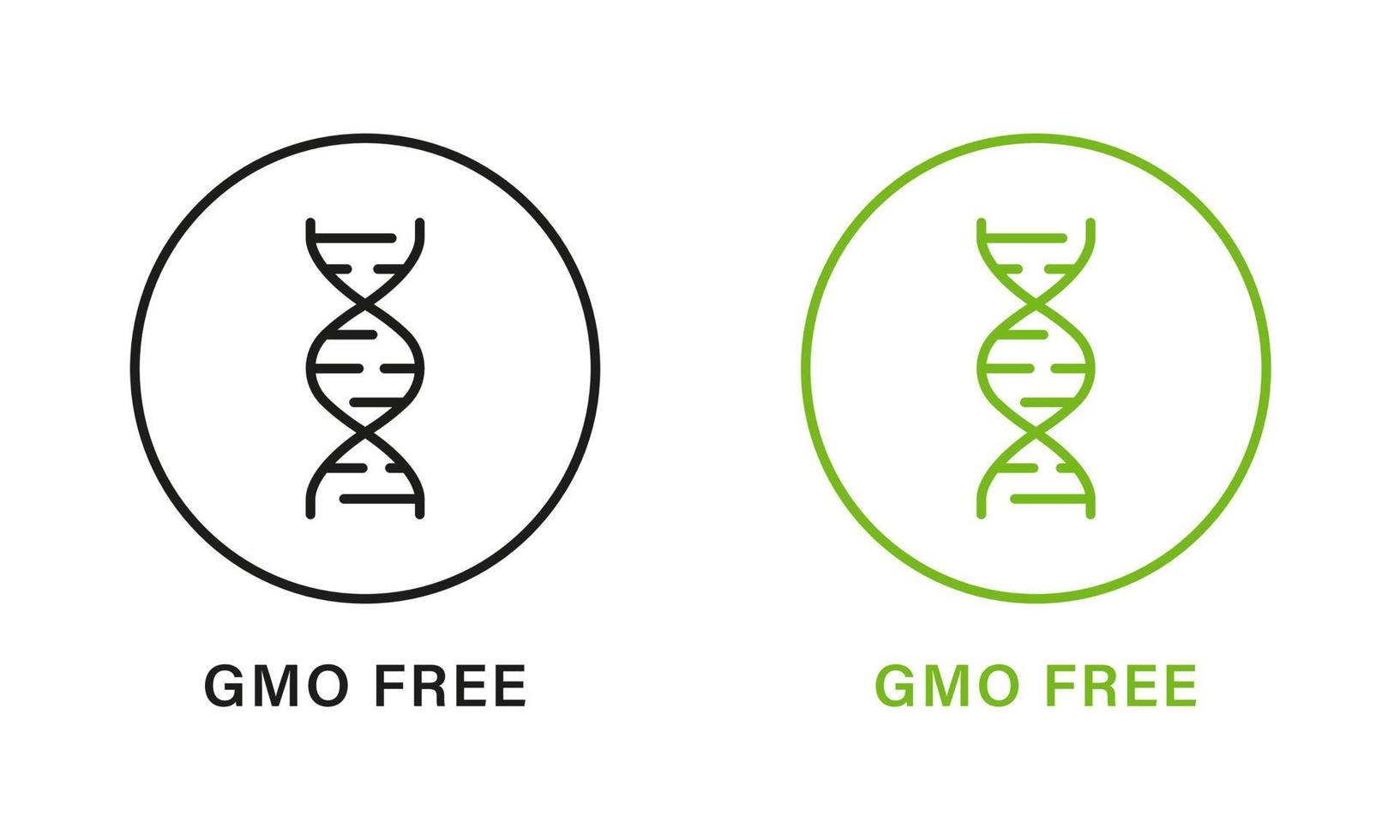 gmo fri översikt tecken uppsättning. endast eco naturlig organisk produkt. naturlig friska mat. gmo fri linje svart och grön ikon. inte genetiskt ändrad symbol. isolerat vektor illustration.