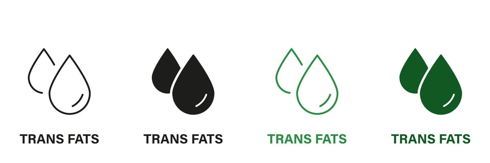 transfett i produkt mat. olja svart och grön symbol. fri trans fett silhuett och linje ikon Färg uppsättning. trans fett tecken. kolesterol logotyp. 0 trans fett märka. isolerat vektor illustration.