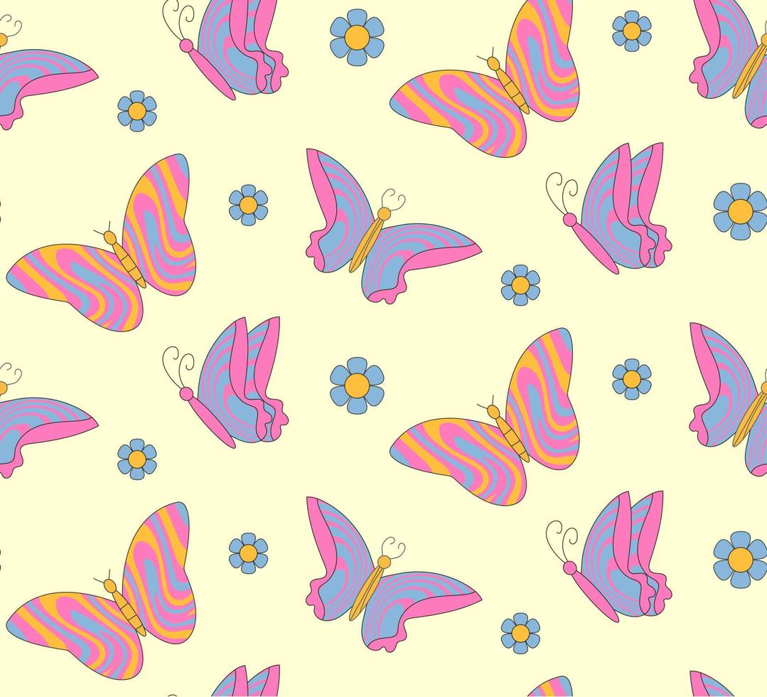 groovig Muster Schmetterling, Blume . Hippie 60er Jahre 70er Jahre nahtlos. vektor