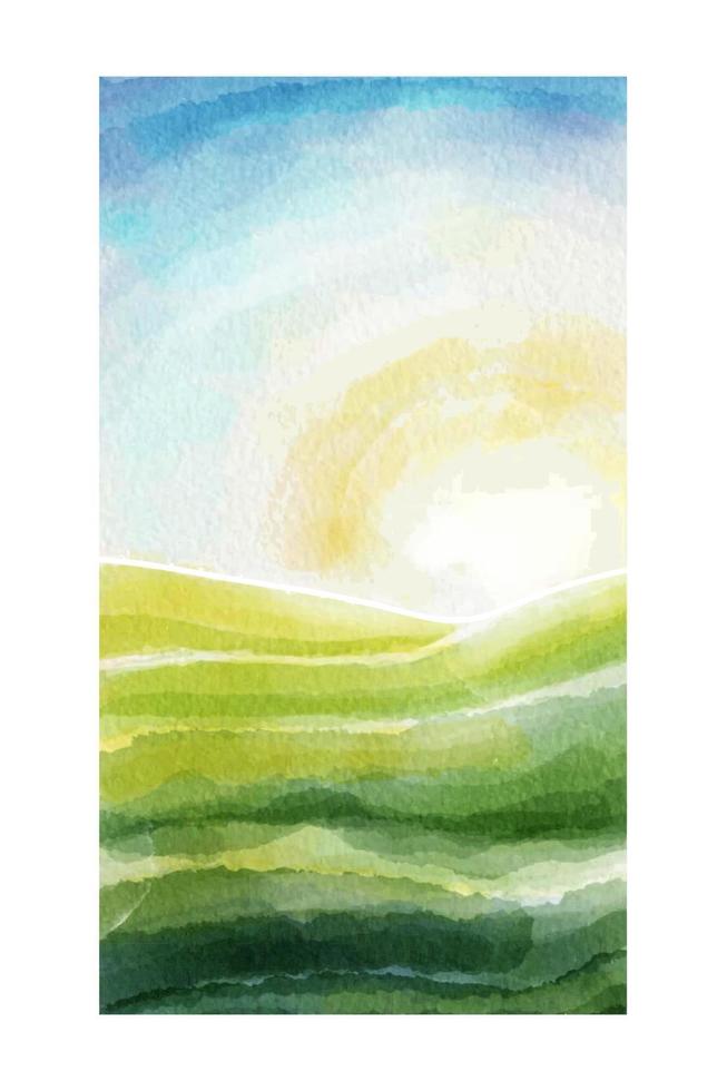 Aquarell Landschaft, Grün Felder und steigend Sonne vektor