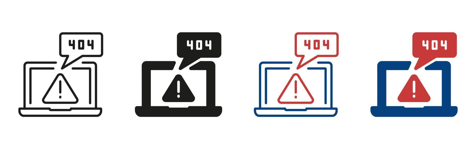 problem med internet förbindelse. fil inte hittades och bruten sida symbol samling. sida inte hittades linje och silhuett ikon uppsättning. 404 fel sida. bärbar dator med varning tecken. isolerat vektor illustration.