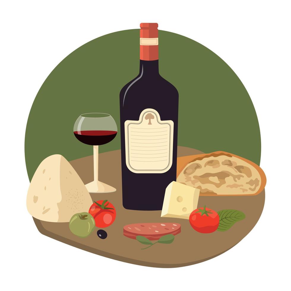Italienisch Essen Elemente Komposition. traditionell Geschirr - - Wein, Olive, Käse, Brot und andere. Vektor Illustration im eben Karikatur Design