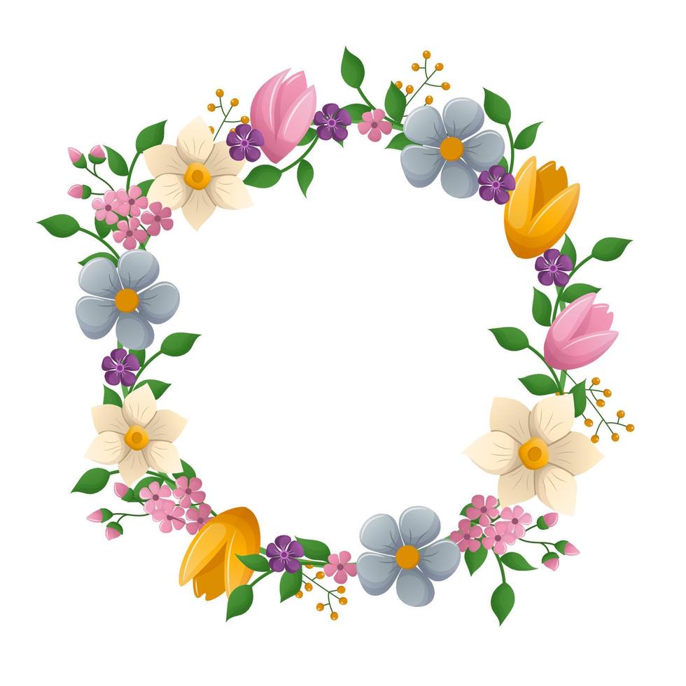 Frühling Design Vorlage mit schön Blumen. zart runden Rahmen mit Tulpen und Narzissen. Vektor Illustration auf Weiß Hintergrund.