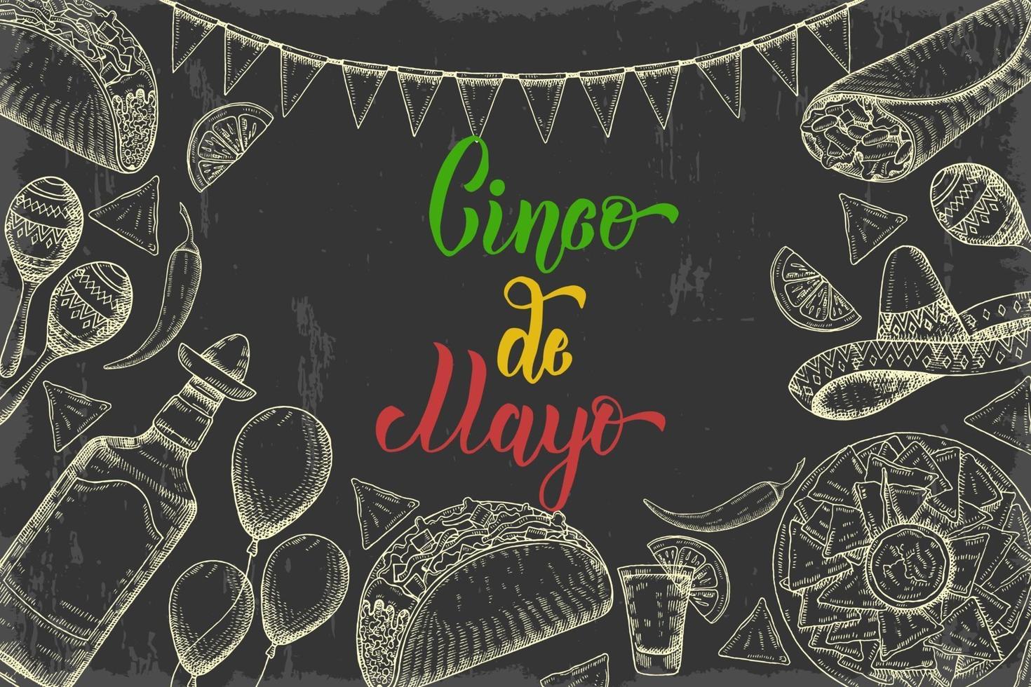 cinco de mayo festlicher Hintergrund mit handgezeichneten Symbolen - Chili-Pfeffer, Maracas, Sombrero, Nachos, Tacos, Burritos, Tequila, Luftballons, Flaggengirlande auf Schwarz. handgemachte Schrift. vektor