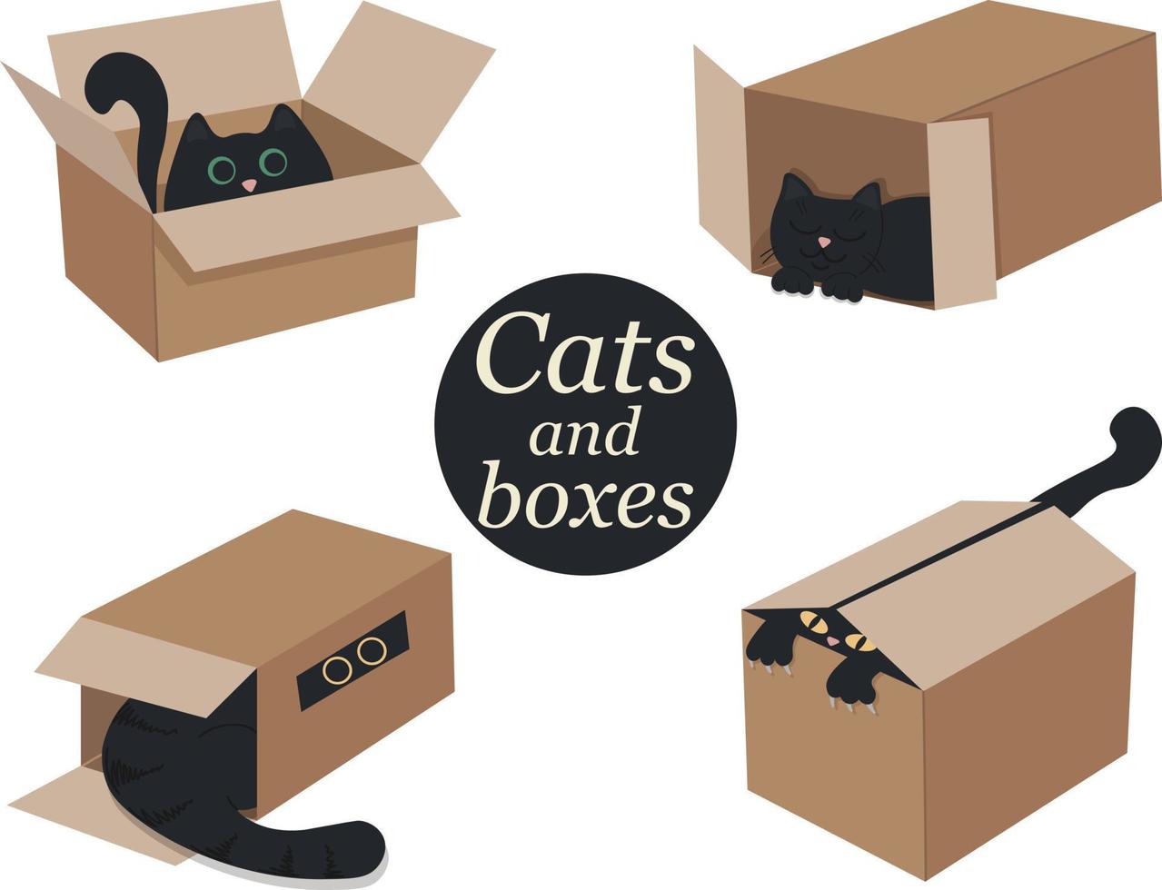 einstellen von komisch Abbildungen von ein schwarz Katze im ein Karton Kasten. Haustier im das Haus. Katze versteckt im ein Kasten. eben Stil Vektor Bild