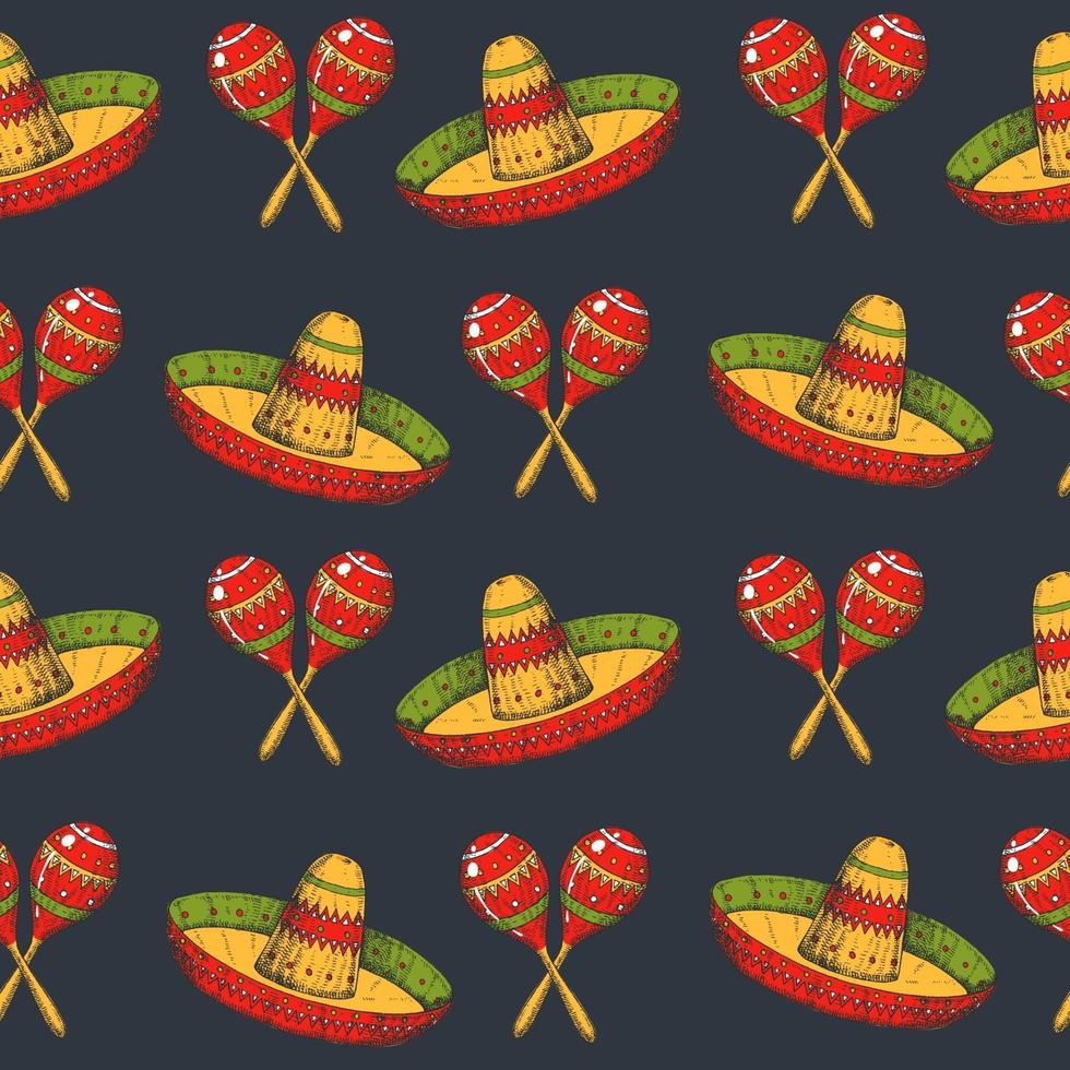 cinco de mayo sömlösa mönster med färgade handritade mexikanska symboler - maracas och sombrero på svart. skiss. för tapet, webbsidans bakgrund vektor