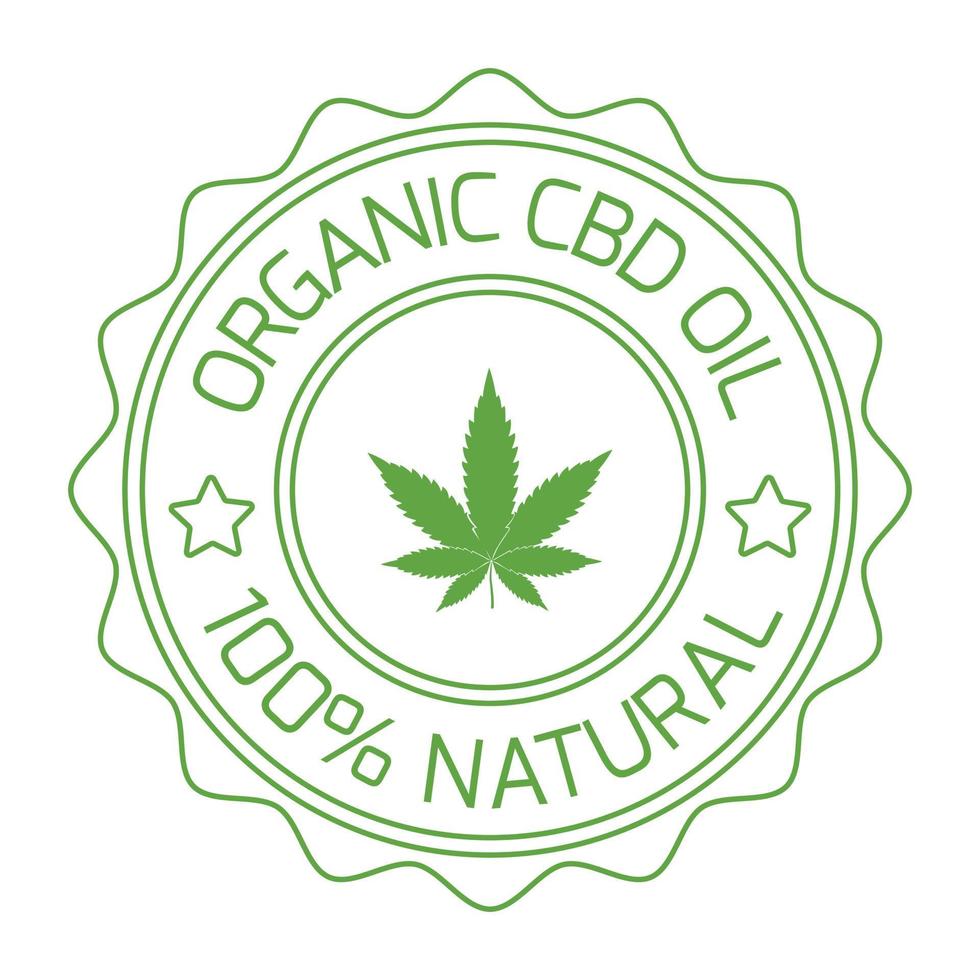 organisk cbd olja logotyp, bricka, täta, emblem, 100 procent naturlig olja med marijuana löv, grön cbd olja märka vektor