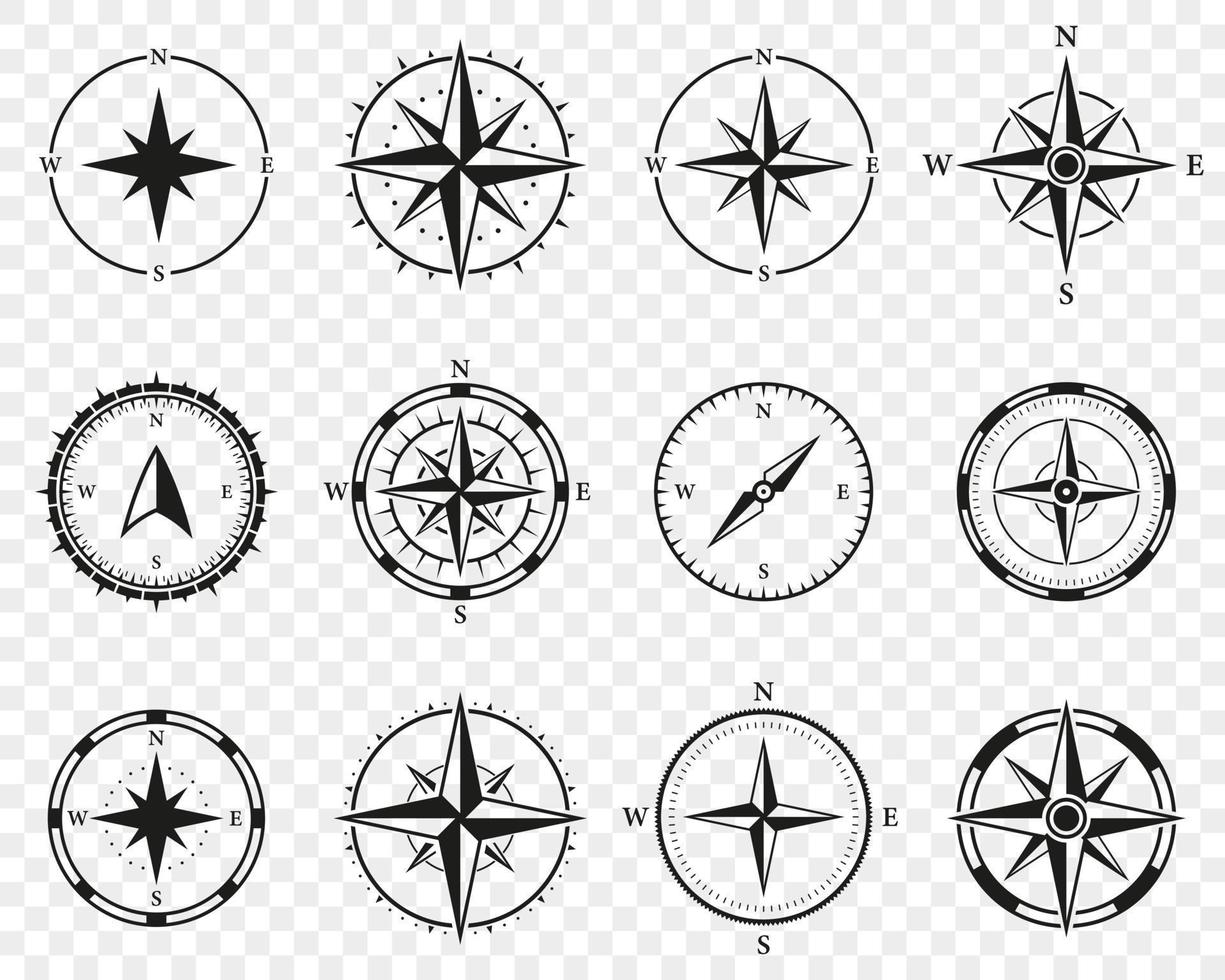 kompass silhuett ikon uppsättning. äventyr riktning till norr, söder, väster, öst fast sign.navigational orientering Utrustning glyf piktogram. vindros, reste sig vind symbol. isolerat vektor illustration.