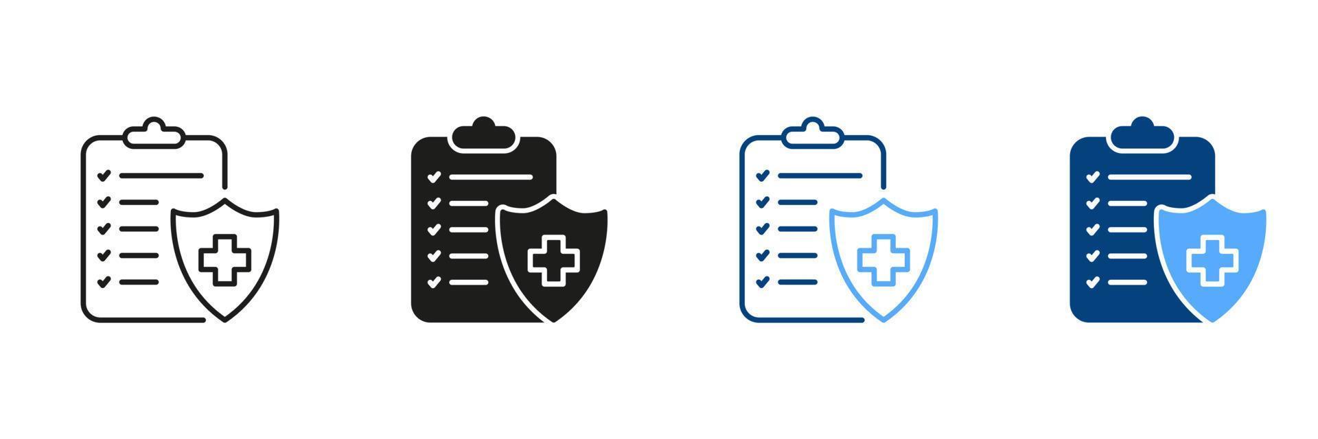 Krankenhaus Diagnose dokumentieren schwarz und Farbe Symbol Sammlung. geduldig Diagnose Bericht Piktogramm. medizinisch Aufzeichnung Linie und Silhouette Symbol Satz. Information auf Zwischenablage. isoliert Vektor Illustration.