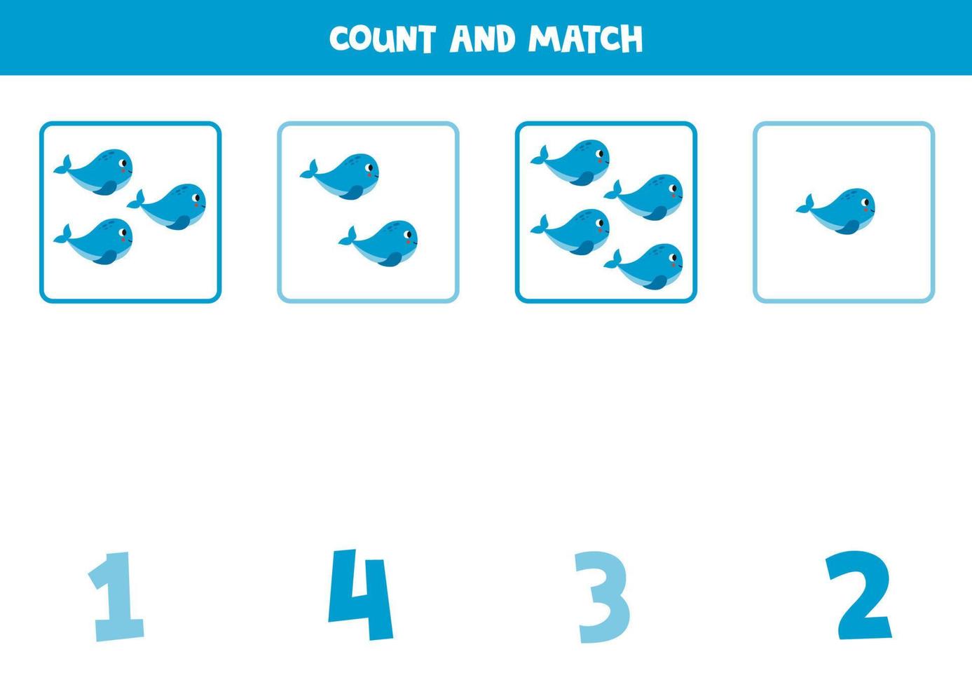 Zählen Spiel zum Kinder. Anzahl alle Blau Wale und Spiel mit Zahlen. Arbeitsblatt zum Kinder. vektor