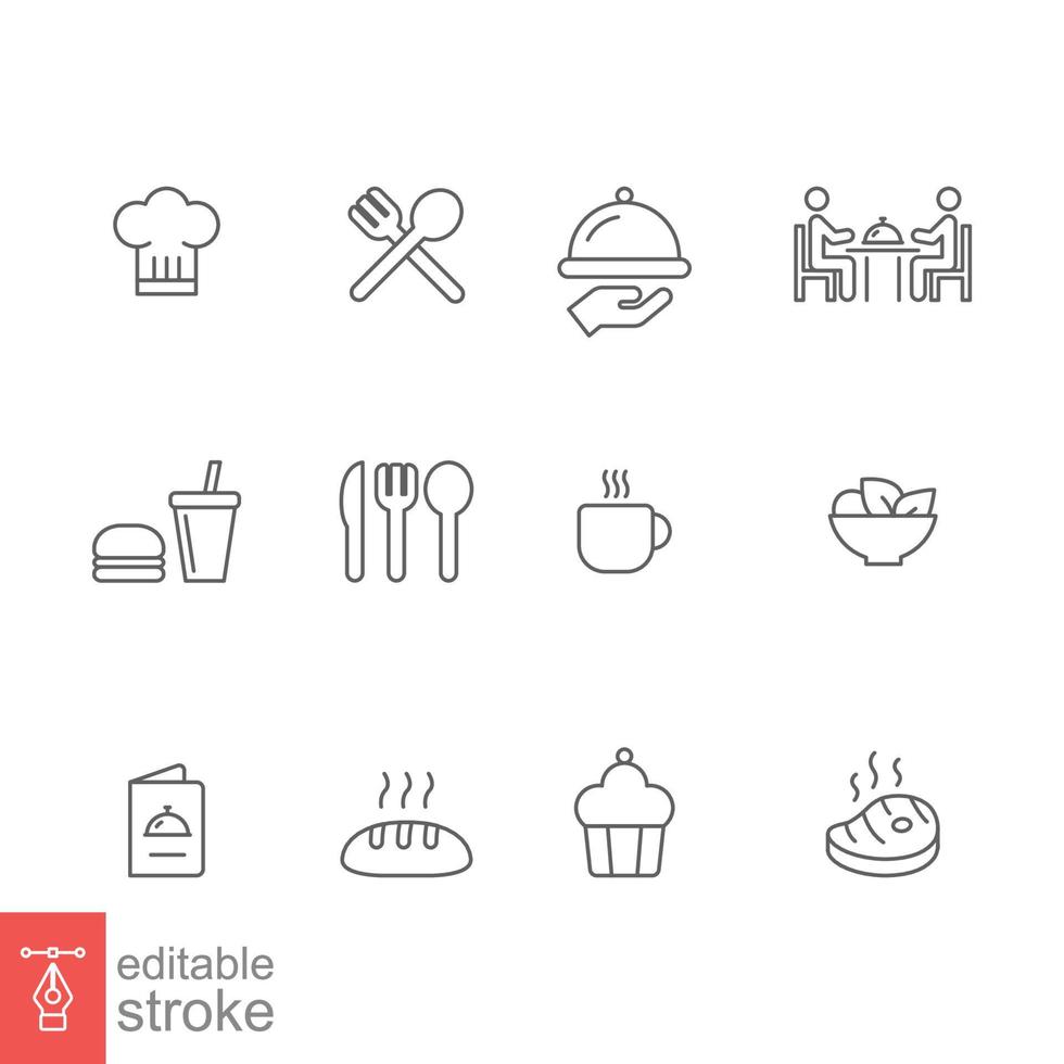 Restaurant Essen Symbol Satz. einfach Gliederung Stil. essen, Küche, Tisch, Platte, Koch, Abendessen, Gericht, Essen und Getränk Konzept. Vektor Illustration isoliert auf Weiß Hintergrund. editierbar Schlaganfall eps 10.