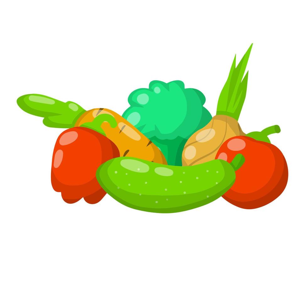 tecknad platt illustration. färska naturliga byprodukter. tomat och paprika, lök med gurka, broccoli, morot vektor
