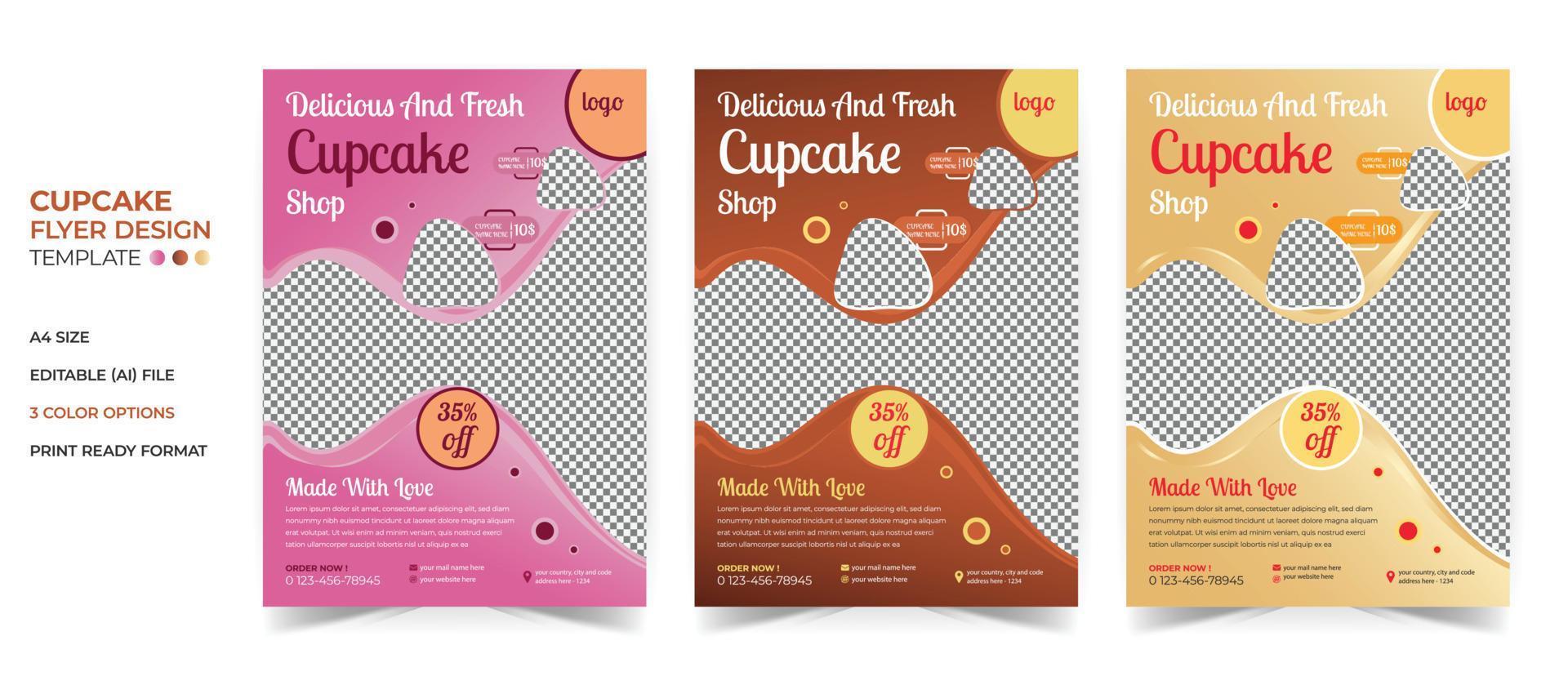 Cupcake Flyer Vorlage mit drei anders vektor