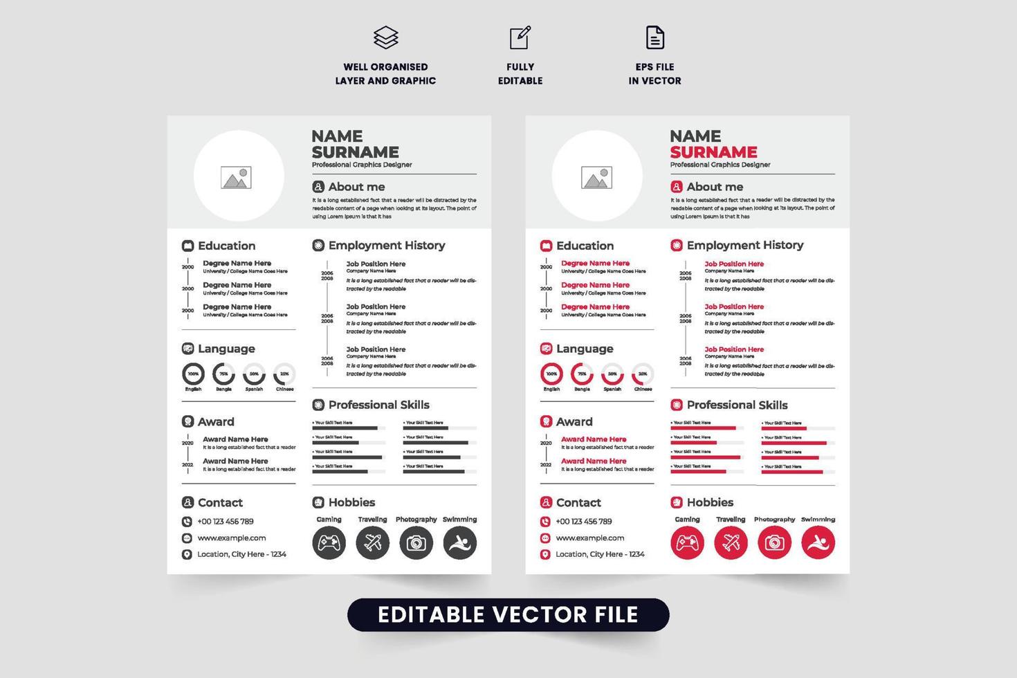 Unternehmen Praktikant fortsetzen Vorlage Vektor mit Mitarbeiter Aktivitäten und Fähigkeiten. modern fortsetzen Vorlage Design zum offiziell Anstellung. minimal Lebenslauf und fortsetzen Vorlage Vektor mit rot und dunkel Farben.