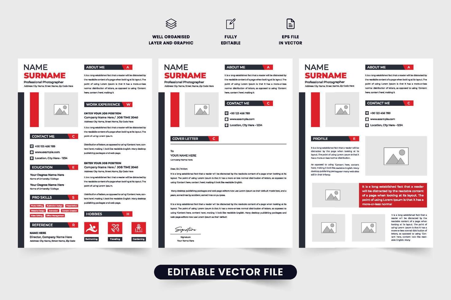 kreativ anställd återuppta, omslag brev, och portfölj layout vektor med röd och mörk färger. modern kontor sysselsättning Ansökan mall vektor. professionell återuppta och CV mall design.